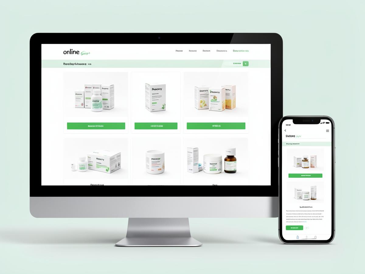 Pharmacy online storefront on a monitor and phone selling from the same stock